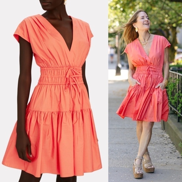 DEREK LAM Coral Cotton Smocked Ruched Tie Waist Short Sleeve Flare Mini Dress 12 - Picture 4 of 13